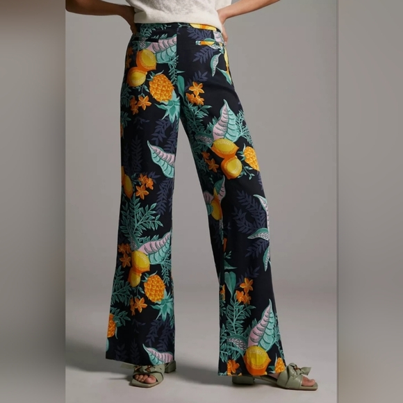 Anthropologie Maeve Escape PrintedWide-Leg Pants Navy Yellow & Green Size 8